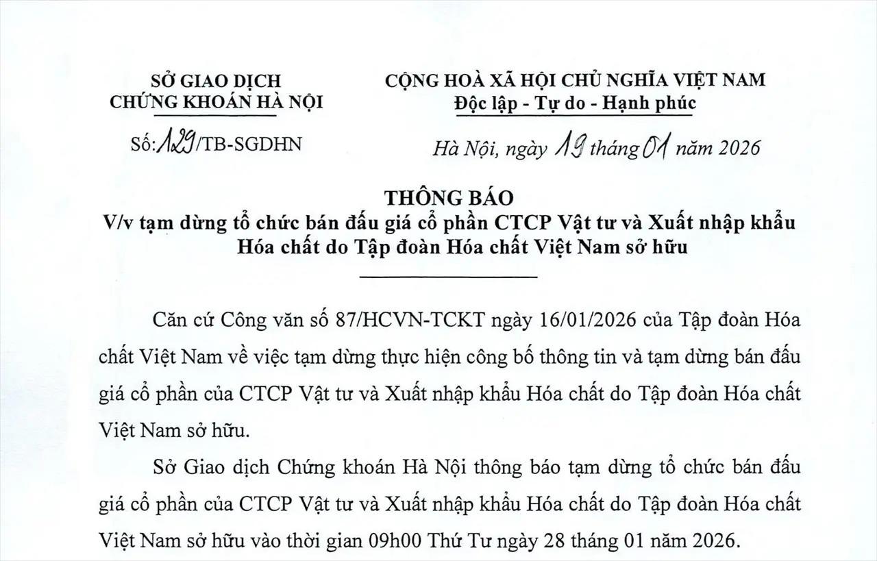 Notice: Temporary suspension of the auction of shares of Chemicals Materials and Import-Export Joint Stock Company owned by Vietnam National Chemical Group