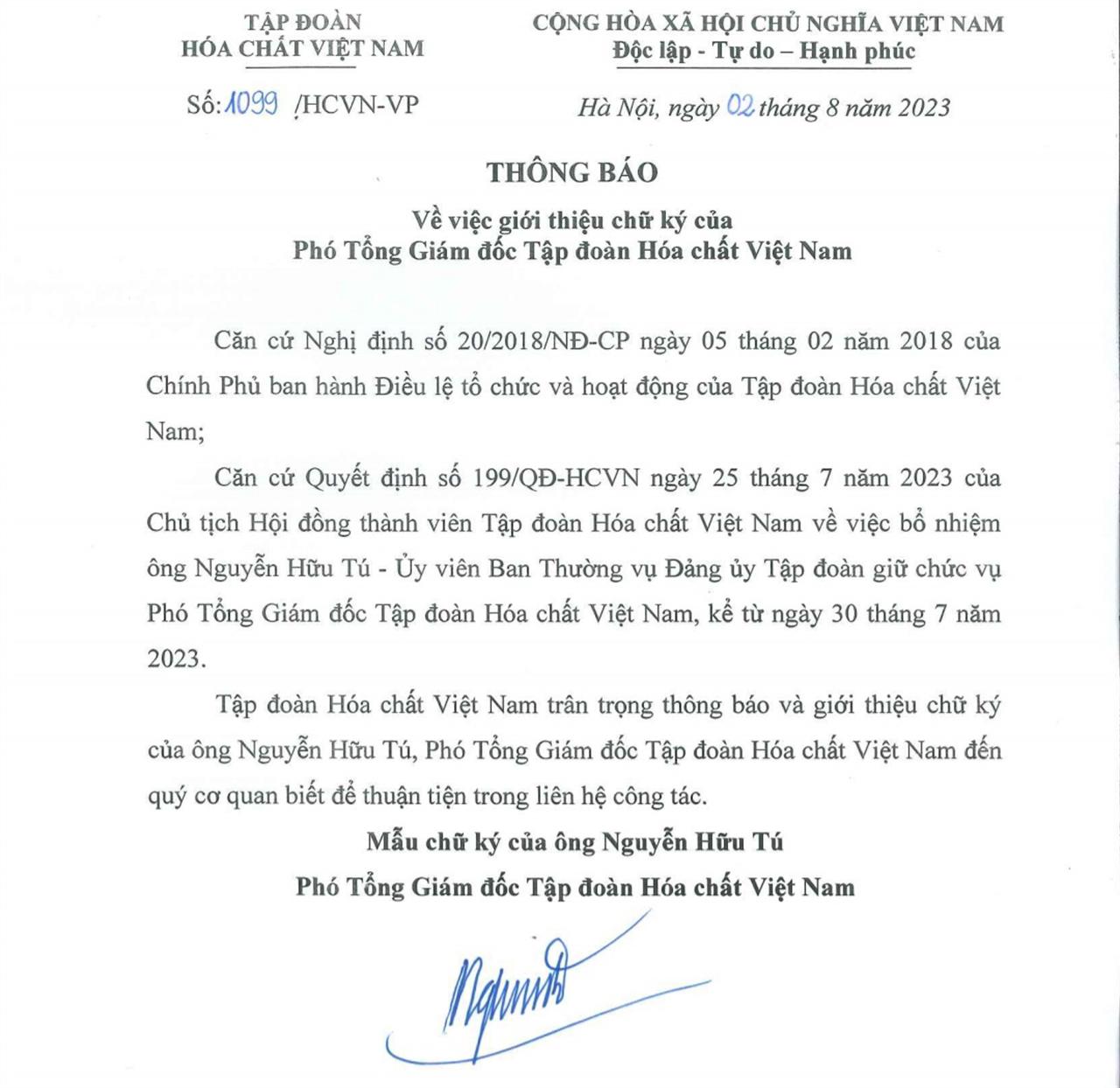 Giới thiệu chữ ký của Phó Tổng Giám đốc Tập đoàn Hóa chất Việt Nam, Nguyễn Hữu Tú