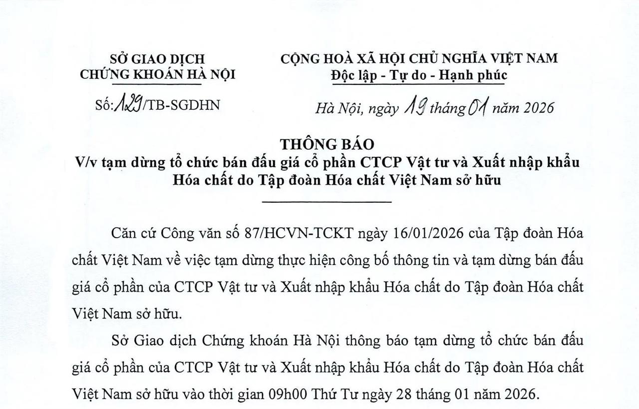 Thông báo: Tạm dừng tổ chức bán đấu giá cổ phần CTCP Vật tư và Xuất nhập khẩu Hóa chất do Tập đoàn Hóa chất Việt Nam sở hữu
