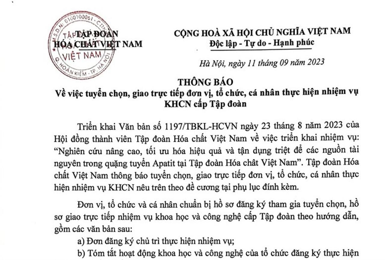 VINACHEM: Thông báo tuyển chọn, giao trực tiếp đơn vị, tổ chức, cá nhân thực hiện nhiệm vụ KHCN cấp Tập đoàn