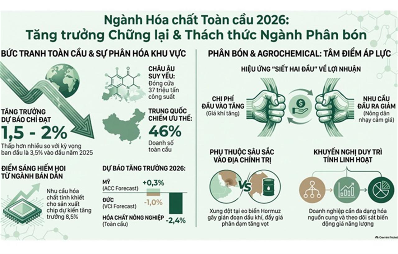 Ngành hóa chất toàn cầu 2026: Tăng trưởng chững lại, phân bón chịu áp lực nặng nhất