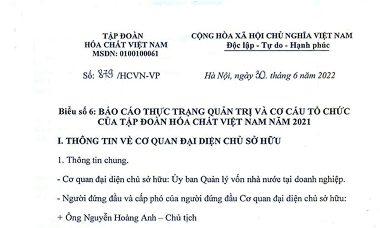 Báo cáo thực trạng quản trị và cơ cấu tổ chức của Tập đoàn Hóa chất Việt Nam năm 2021