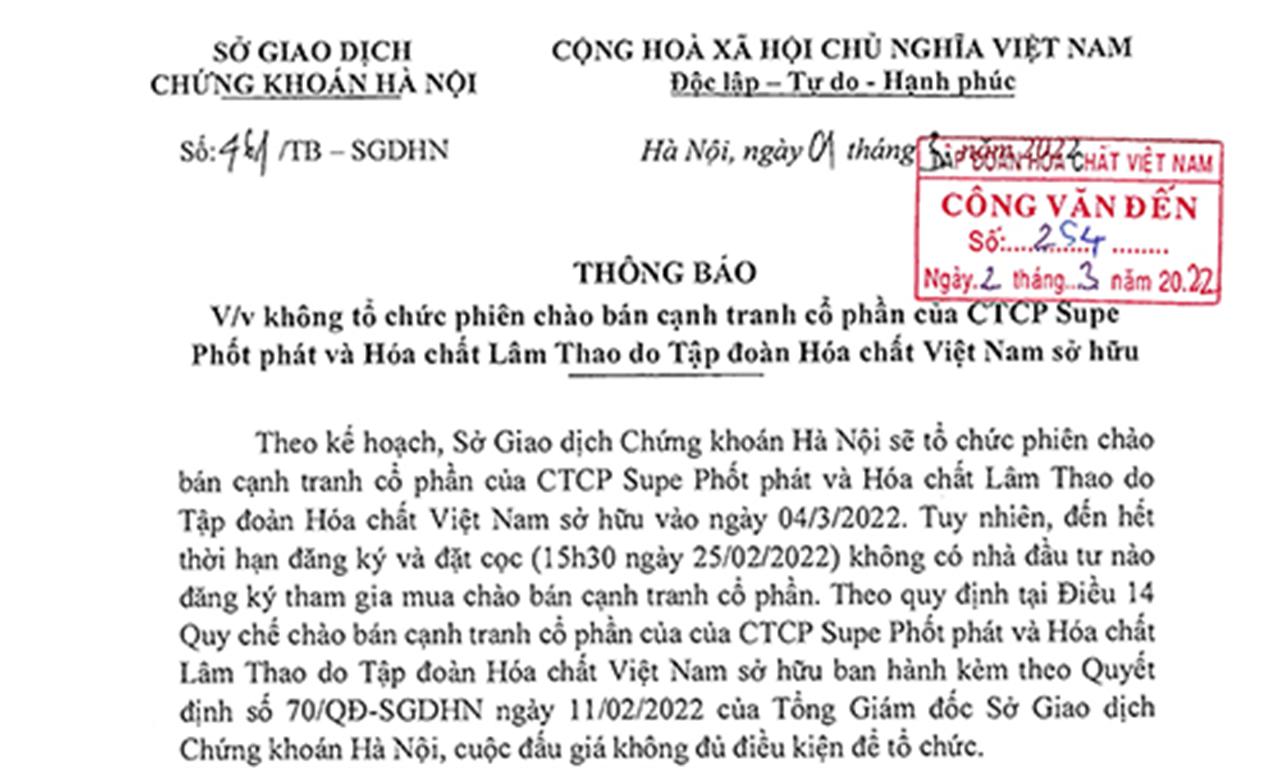 Thông báo về việc không tổ chức phiên chào bán cạnh tranh CP của Cty CP Supe phốt phát và Hóa chất Lâm Thao do VINACHEM sở hữu
