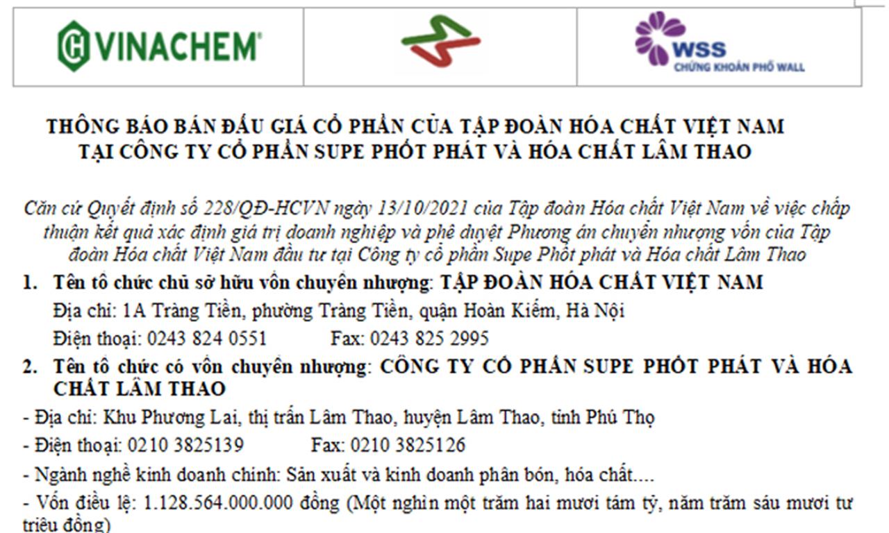 Thông báo bán đấu giá cổ phần của Tập đoàn Hóa chất Việt Nam tại Công ty cổ phần Supe Phốt phát và Hóa chất Lâm Thao