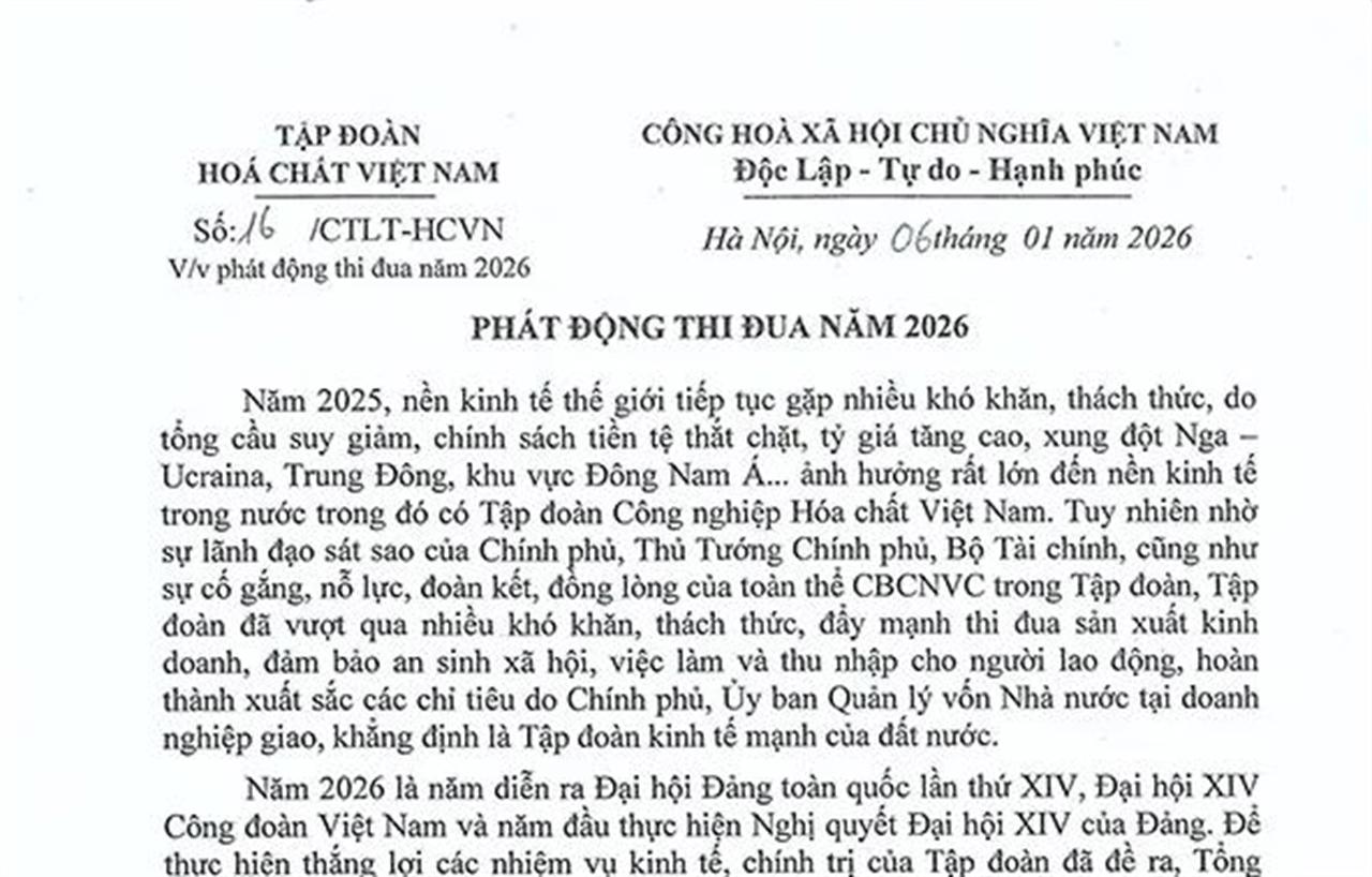 Vinachem phát động phong trào thi đua năm 2026: Đoàn kết – sáng tạo – quyết tâm hoàn thành thắng lợi nhiệm vụ