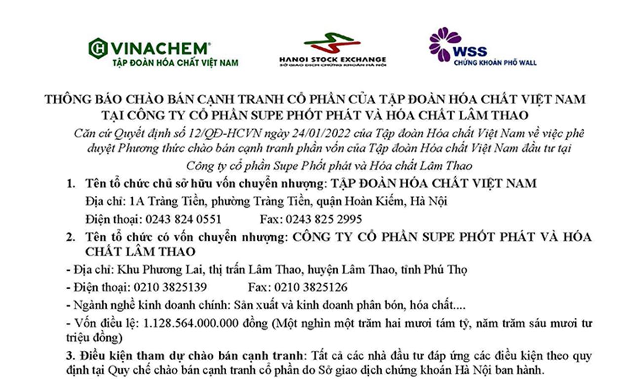Thông báo chào bán cạnh tranh CP của VINACHEM tại Công ty CP Supe Phốt phát và Hóa chất Lâm Thao