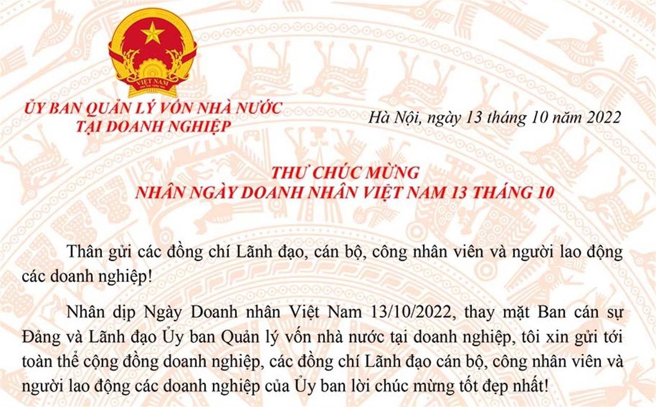 Thư chúc mừng của Chủ tịch Ủy ban Quản lý vốn nhà nước tại doanh nghiệp nhân Ngày Doanh nhân Việt Nam 13/10
