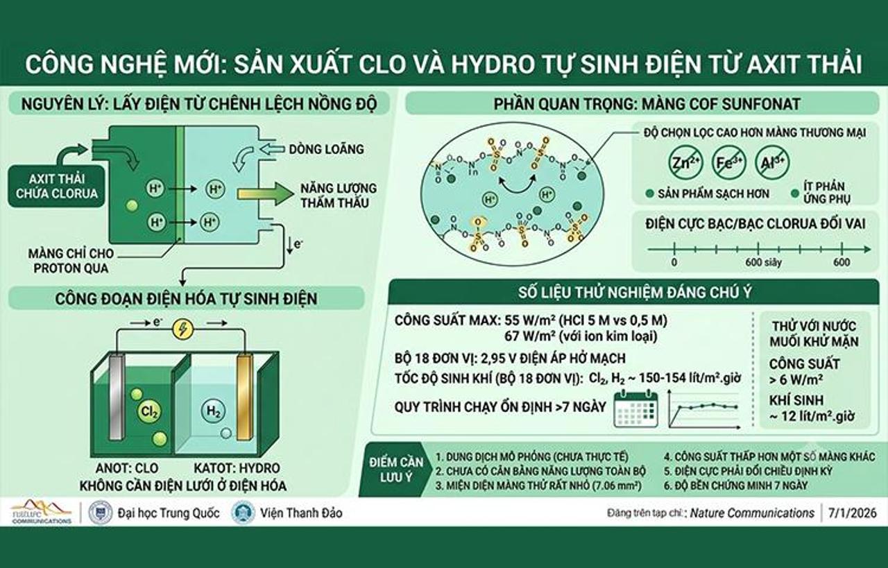Sản xuất clo từ nước muối mà không cần điện lưới ở công đoạn điện hóa