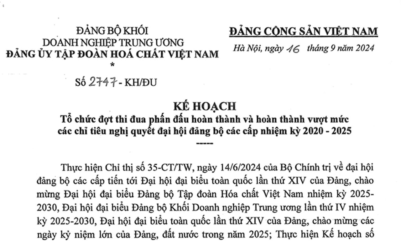 Đảng ủy VINACHEM: Ban hành Kế hoạch Tổ chức đợt thi đua phấn đấu hoàn thành và hoàn thành vượt mức các chỉ tiêu Nghị quyết Đại hội Đảng bộ các cấp nhiệm kỳ 2020 - 2025