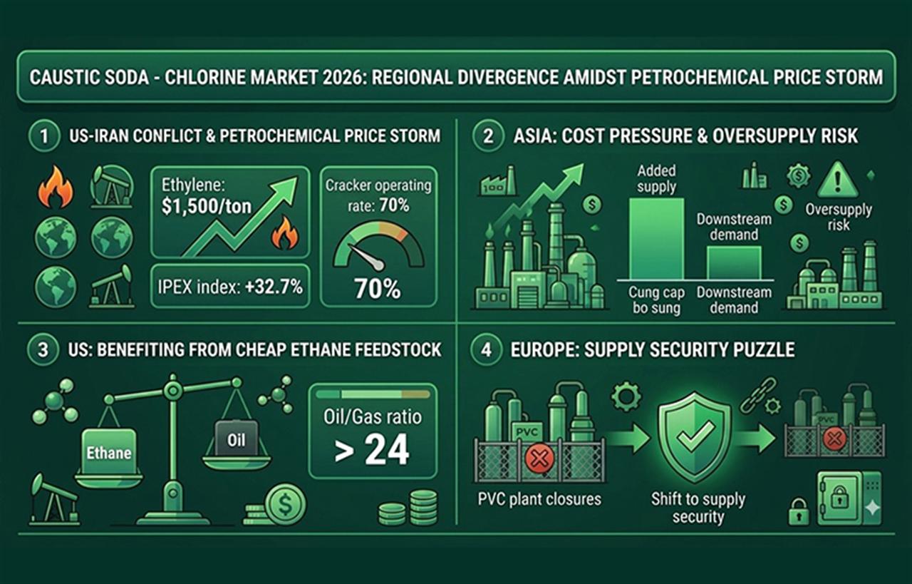 Thị trường xút - clo 2026: Phân hóa khu vực giữa cơn bão giá hóa dầu