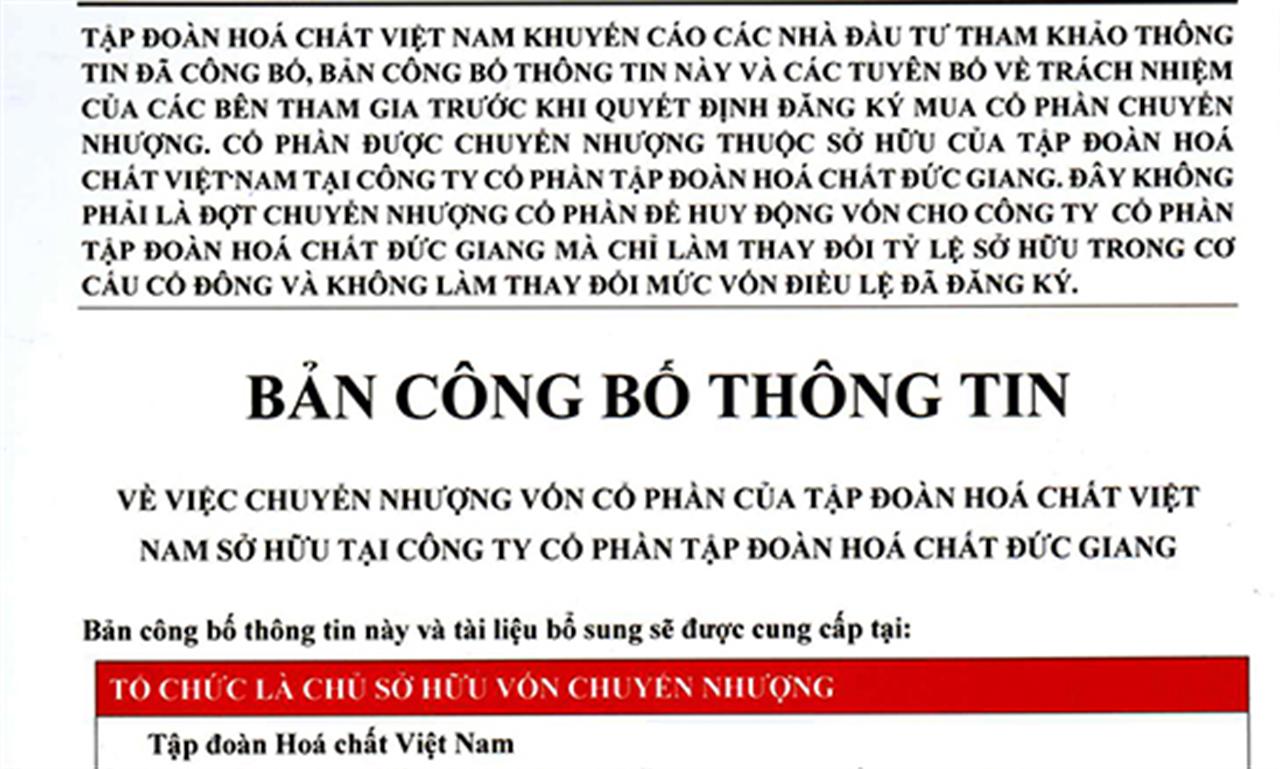 Thông báo về việc  tiếp tục chuyển nhượng vốn của Tập đoàn hóa chất Việt Nam tại DGC