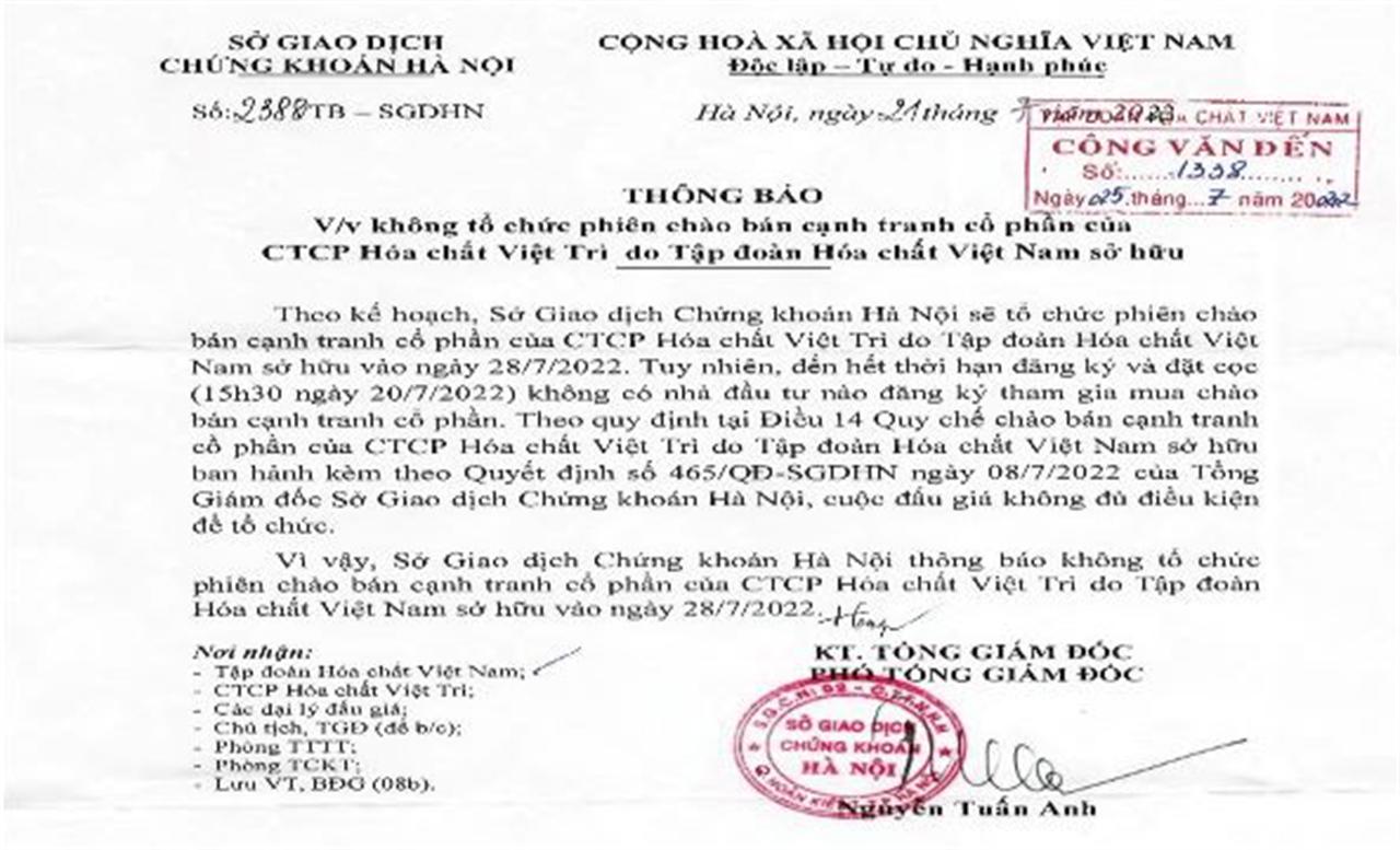 Thông báo không tổ chức phiên chào bán cạnh tranh cổ phần của Công ty Cổ phần Hóa chất Việt Trì do Tập đoàn Hóa chất Việt Nam sở hữu