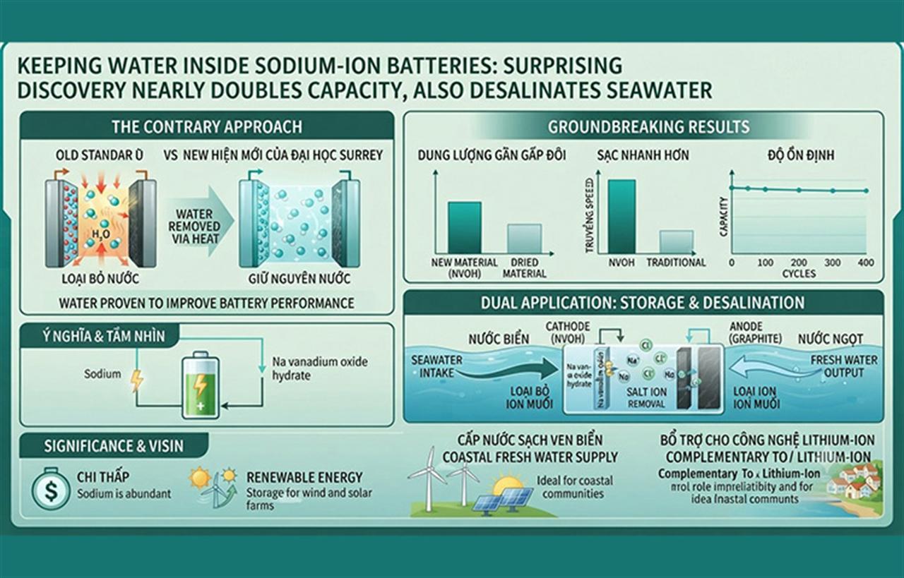 Leaving Water Inside a Sodium-Ion Battery: Surprise Discovery Nearly Doubles Power, Doubles as Seawater Desalination