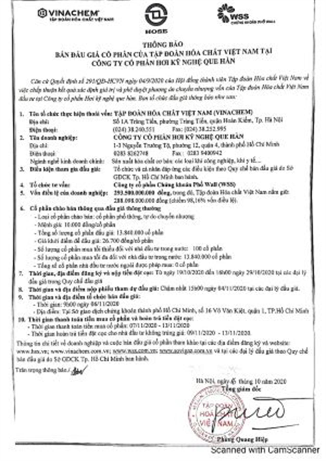 Thông báo: Bán đấu giá cổ phần của Tập đoàn Hoá chất Việt Nam tại Công ty CP Hơi kỹ nghệ que hàn