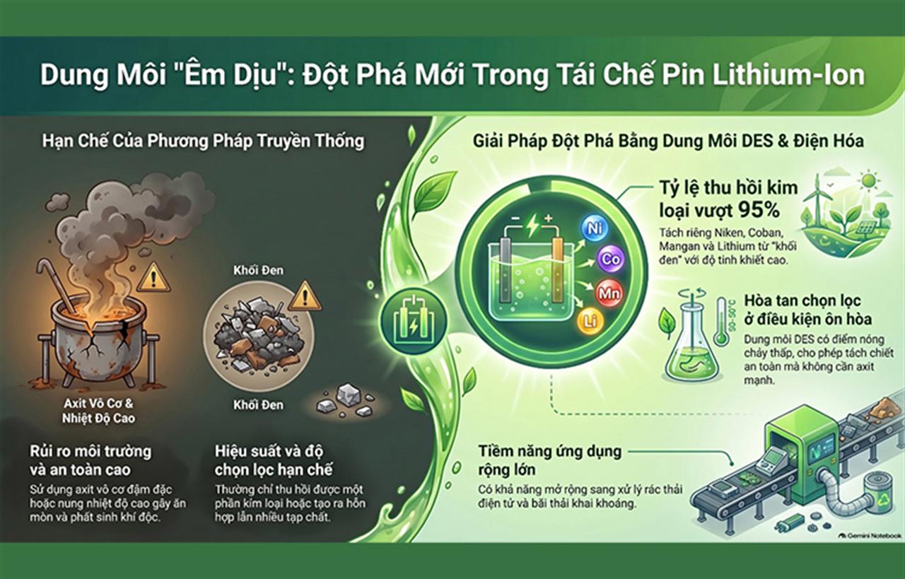 Dung môi “êm dịu” thay thế axit trong thu hồi kim loại từ pin thải