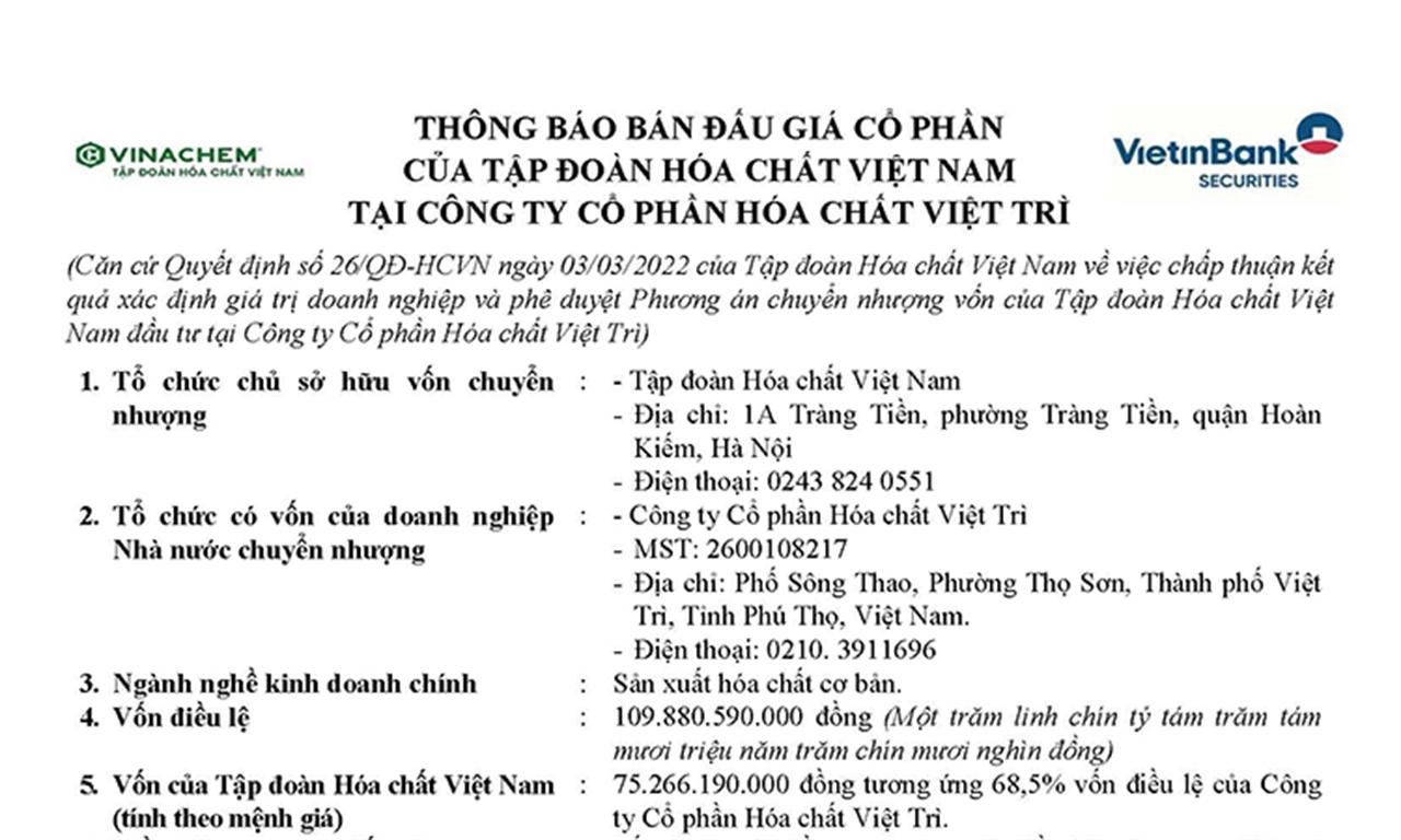 Thông báo bán đấu giá cổ phần của VINACHEM tại Công ty CP Hóa chất Việt Trì