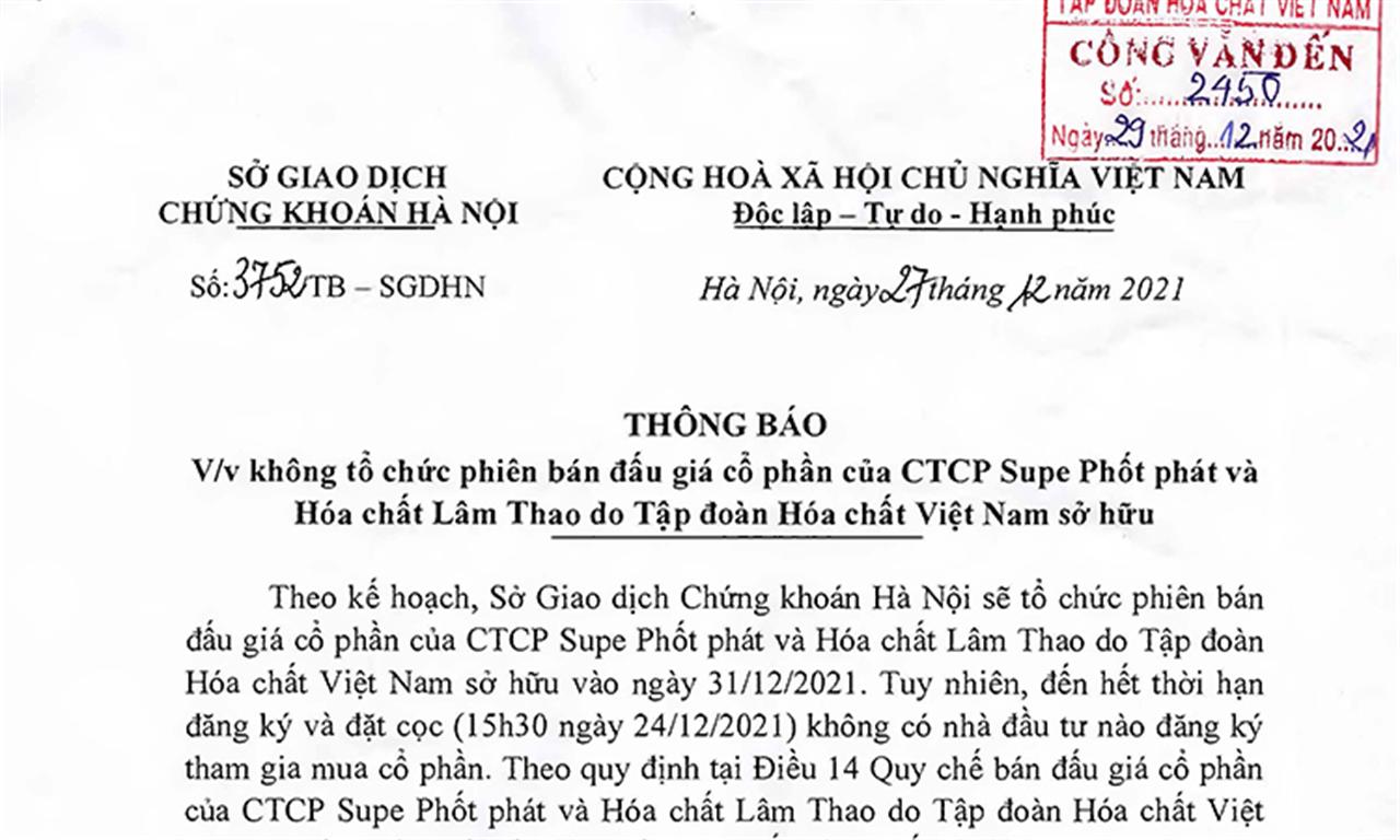 Thông báo về việc không tổ chức phiên bán đấu giá cổ phần của Công ty cổ phần Supe Phốt phát và Hóa chất Lâm Thao doTập đoàn Hóa chất Việt Nam sở hữu