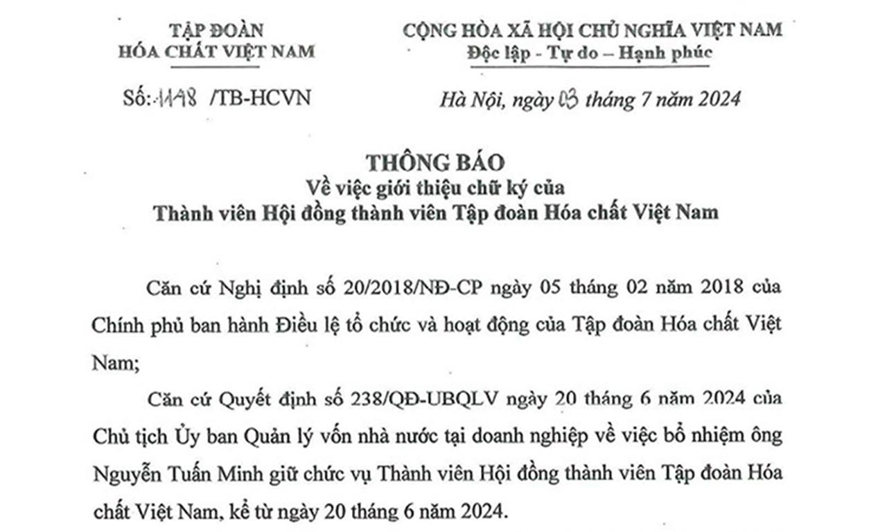 Thông báo: Giới thiệu chữ ký của Thành viên HĐTV Tập đoàn Hóa chất Việt Nam