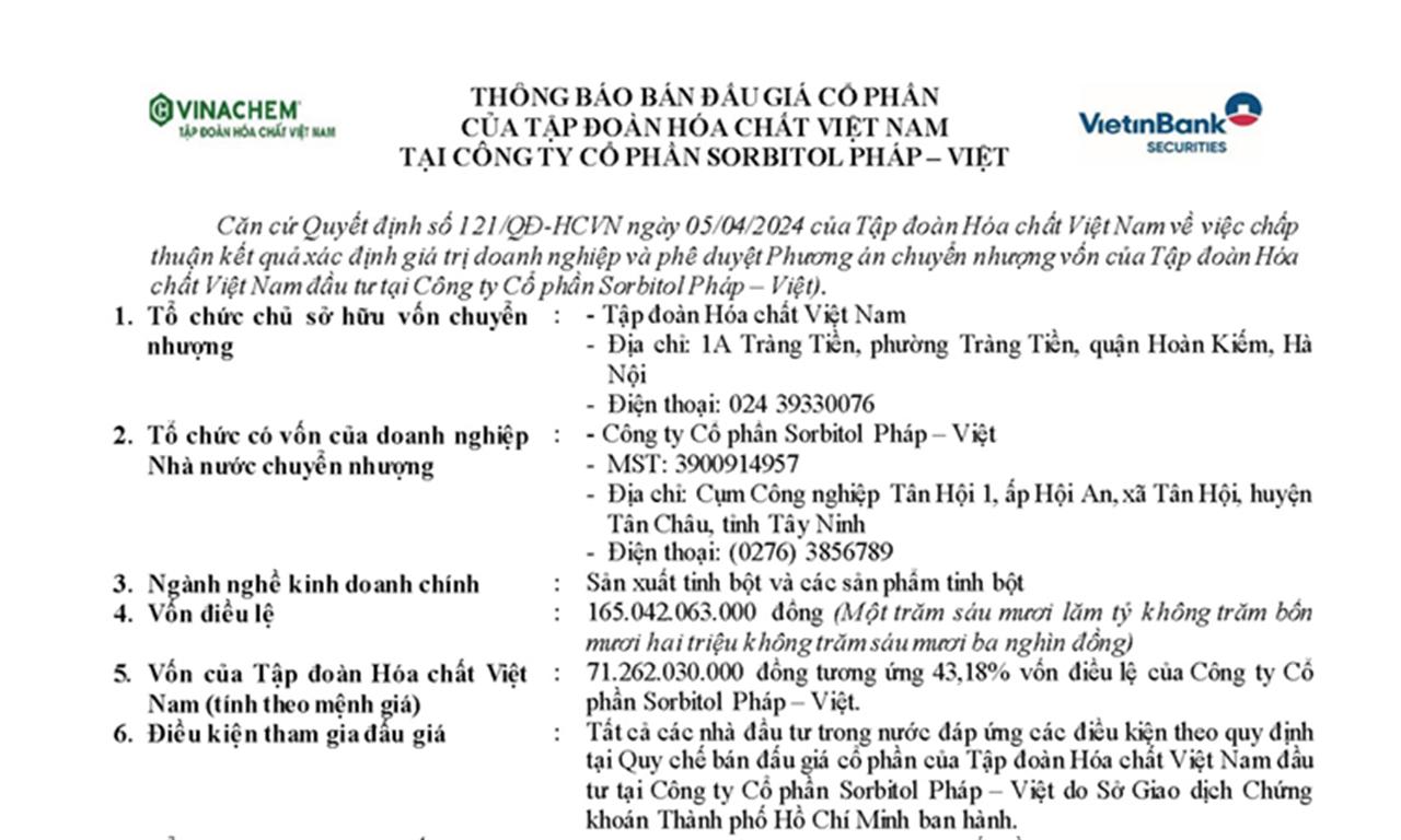 Thông báo bán đấu giá cổ phần của VINACHEM tại Công ty CP Sorbitol Pháp - Việt