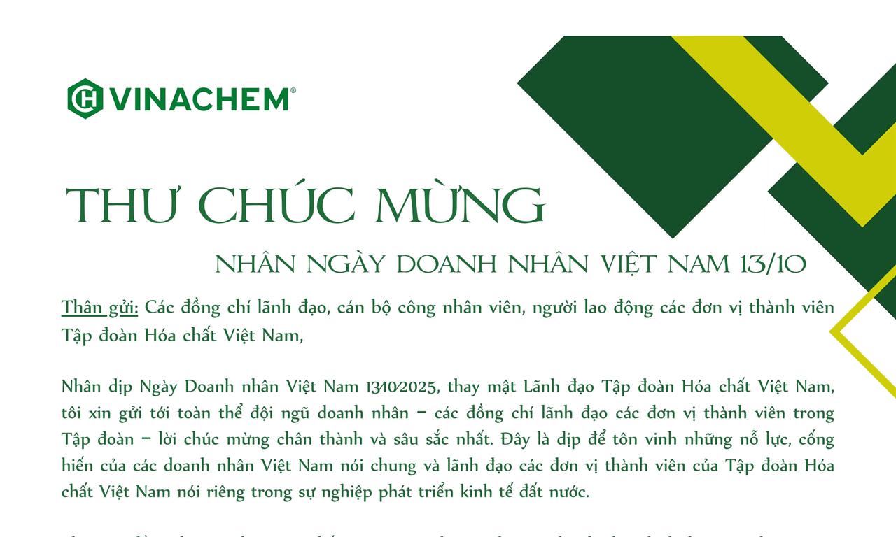 THƯ CHÚC MỪNG CỦA ĐỒNG CHÍ BÍ THƯ ĐẢNG ỦY, CHỦ TỊCH HỘI ĐỒNG THÀNH VIÊN TẬP ĐOÀN NHÂN NGÀY DOANH NHÂN VIỆT NAM 13/10