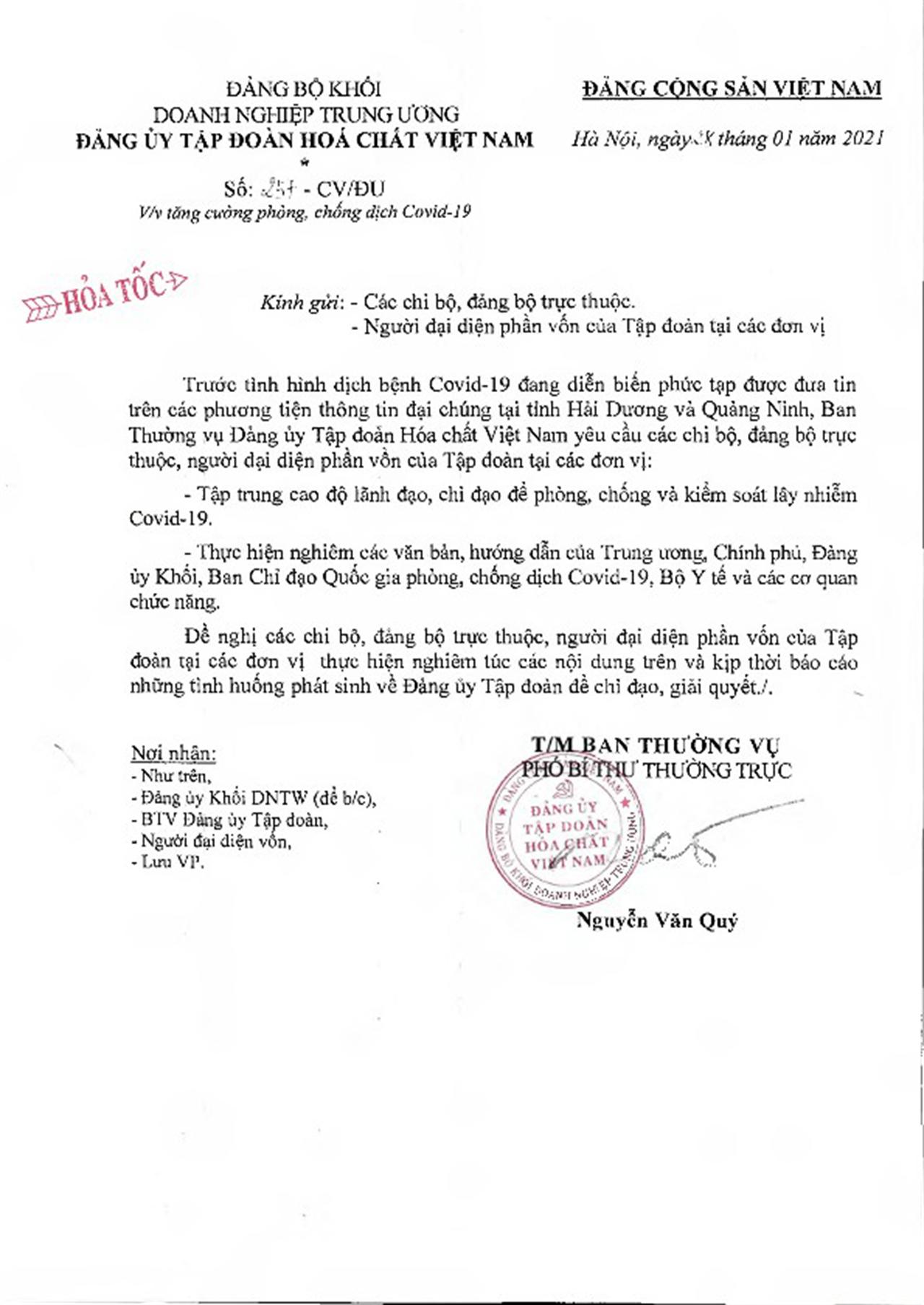 Tăng cường các biện pháp phòng chống dịch Covid-19 tại Tập đoàn Hóa chất Việt Nam