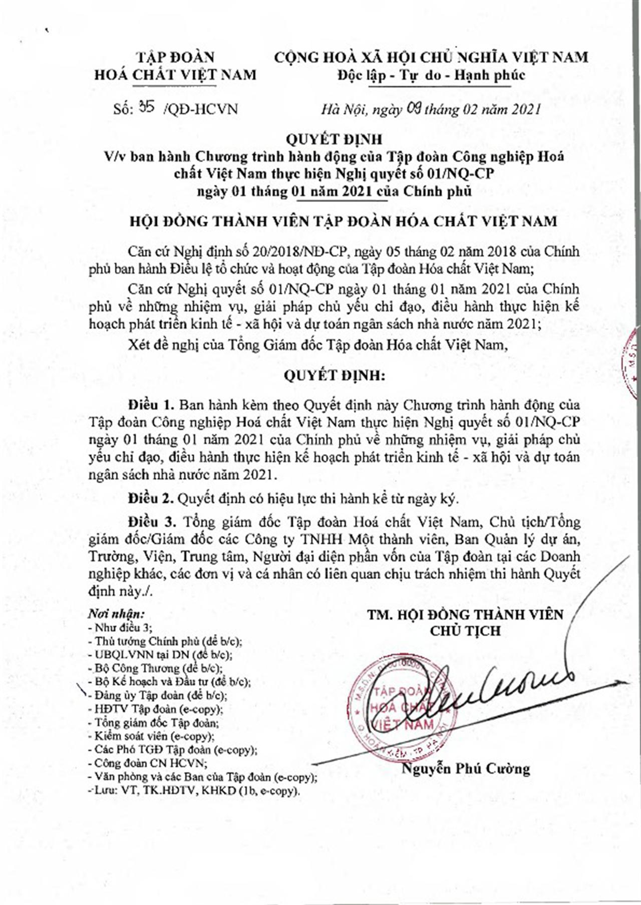 Vinachem ban hành Chương trình hành động thực hiện Nghị quyết số 01/NQ-CP ngày 01 tháng 01 năm 2021 của Chính phủ