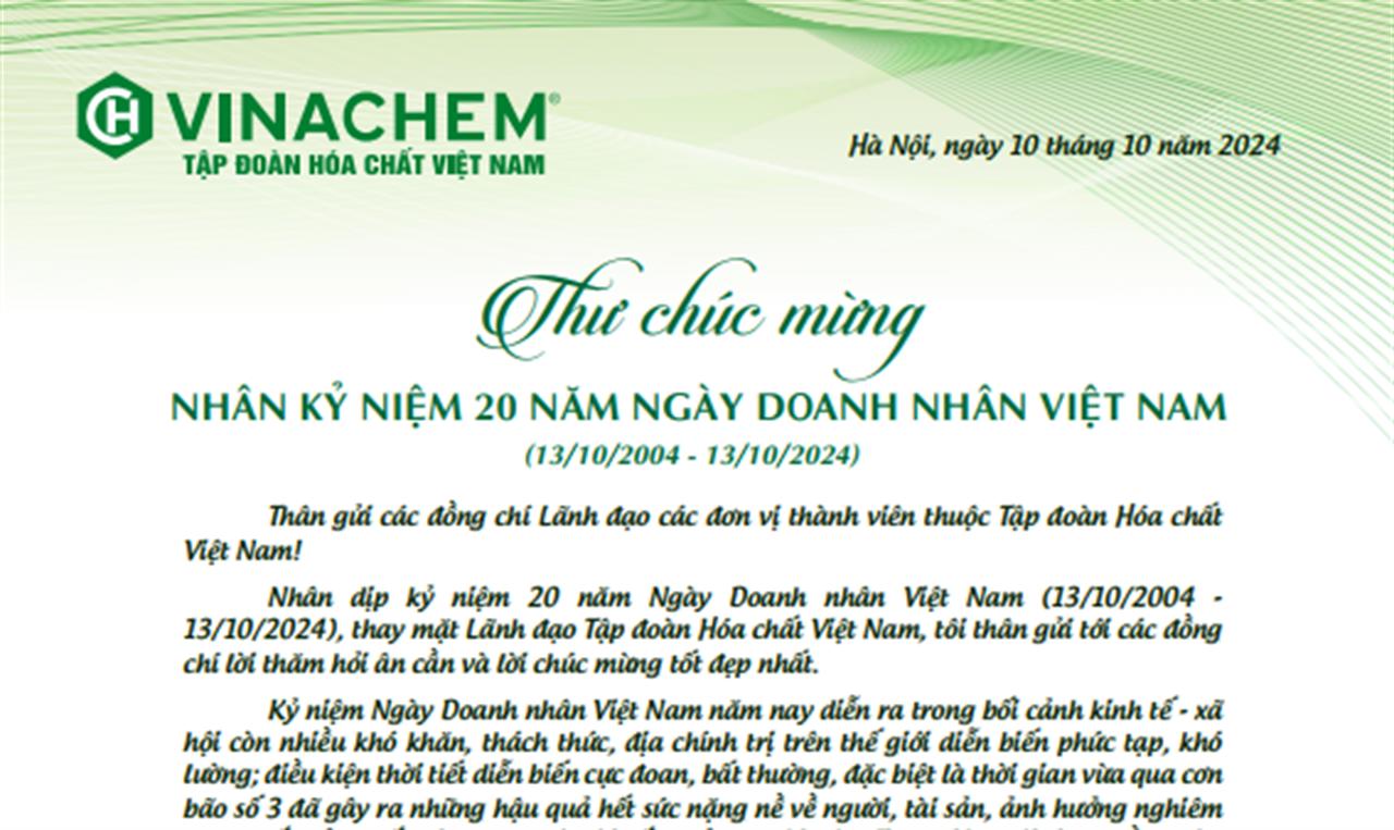 Thư chúc mừng ngày Doanh nhân Việt Nam của đồng chí Phùng Quang Hiệp - Bí thư Đảng ủy, Chủ tịch Hội đồng thành viên Tập đoàn Hóa chất Việt Nam