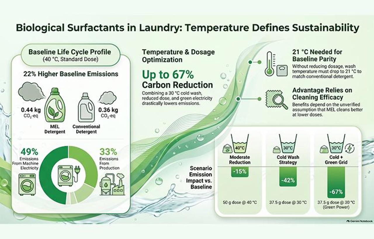 Laundry Detergent Made With a Biological Surfactant: Emissions Cuts Depend on Wash Temperature