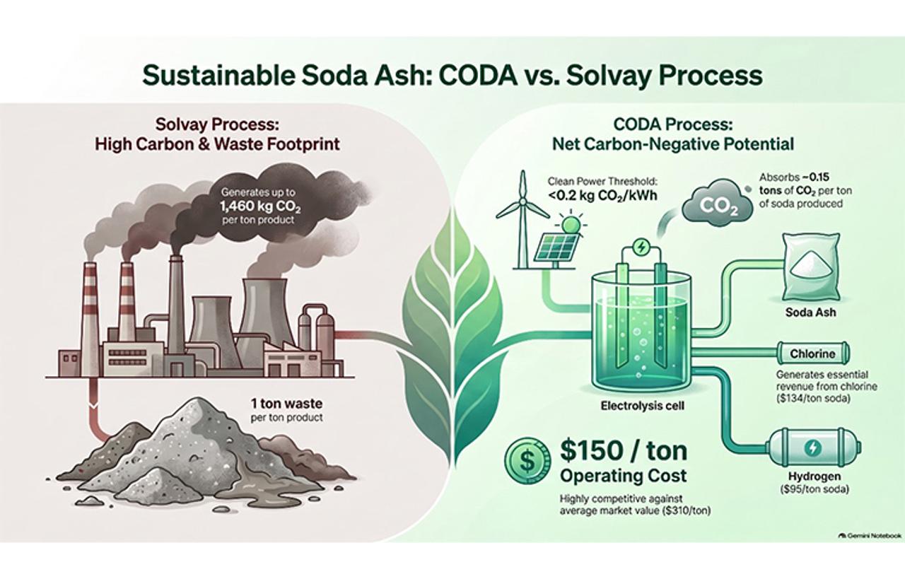 Soda Ash from Brine and Atmospheric CO₂: The Challenge Lies in Clean Electricity and By-products