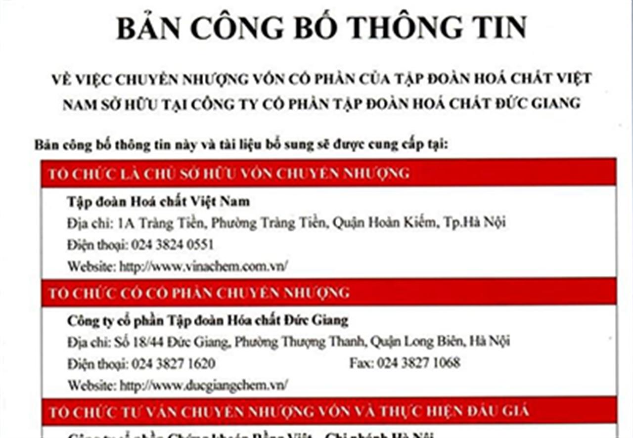 Công bố thông tin chuyển nhượng vốn của Tập đoàn hóa chất Việt Nam tại Công ty Cổ phần Tập đoàn Hóa chất Đức Giang (DGC)