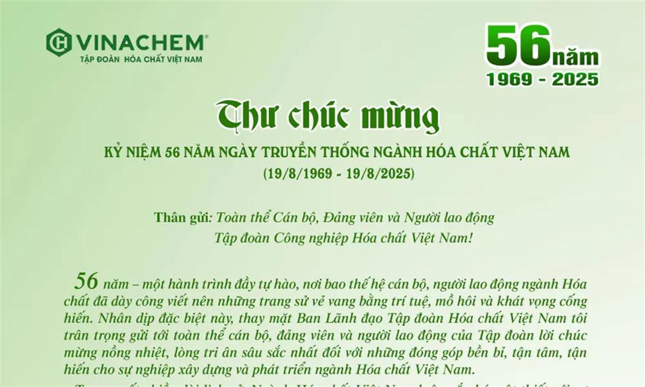 Thư chúc mừng của đồng chí Bí thư Đảng ủy, Chủ tịch HĐTV Tập đoàn Hóa chất Việt Nam nhân kỷ niệm 56 năm Ngày truyền thống ngành Hóa chất Việt Nam