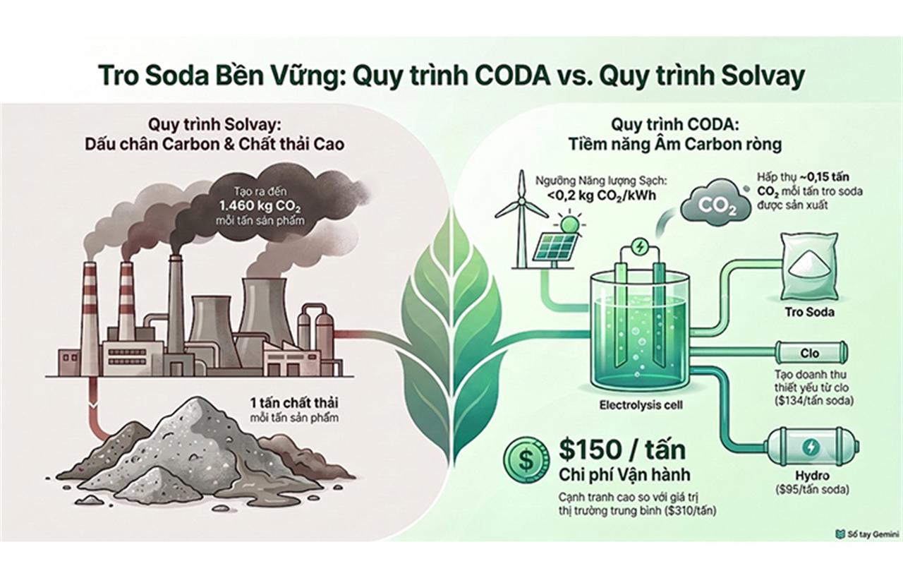 Soda từ nước muối và CO₂ trong không khí: Bài toán nằm ở điện sạch và sản phẩm phụ