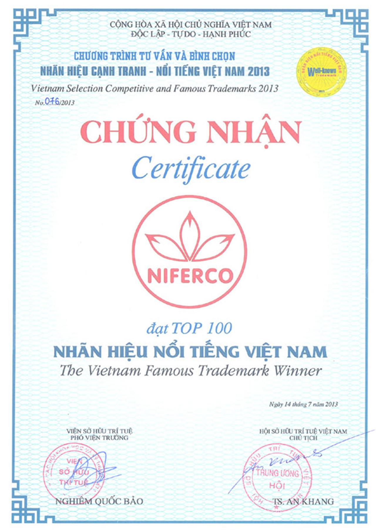 Niferco - Nhãn hiệu nổi tiếng Việt Nam 2013