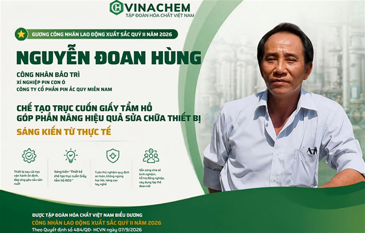 Công nhân lao động xuất sắc quý II/2026: Anh Nguyễn Đoan Hùng, Công nhân bảo trì, Xí nghiệp Pin Con Ó, Công ty Cổ phần Pin Ắc quy Miền Nam