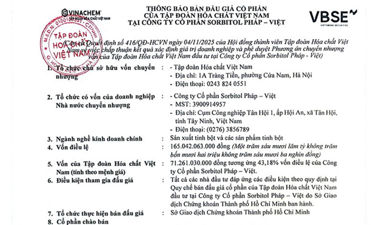 THÔNG BÁO BÁN ĐẤU GIÁ CỔ PHẦN CỦA VINACHEM TẠI CÔNG TY CP SORBITOL PHÁP - VIỆT