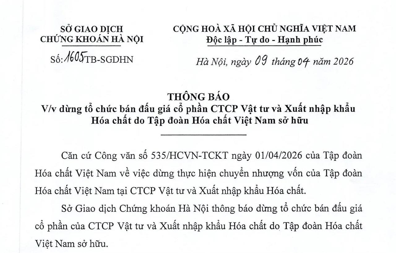 Thông báo: Dừng tổ chức bán đấu giá cổ phần CTCP Vật tư và Xuất nhập khẩu Hóa chất do Tập đoàn Hóa chất Việt Nam sở hữu