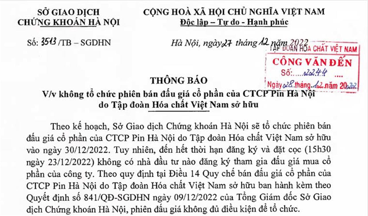 Thông báo không tổ chức bán đấu giá cổ phần của Tập đoàn tại Công ty Cổ phần Pin Hà Nội